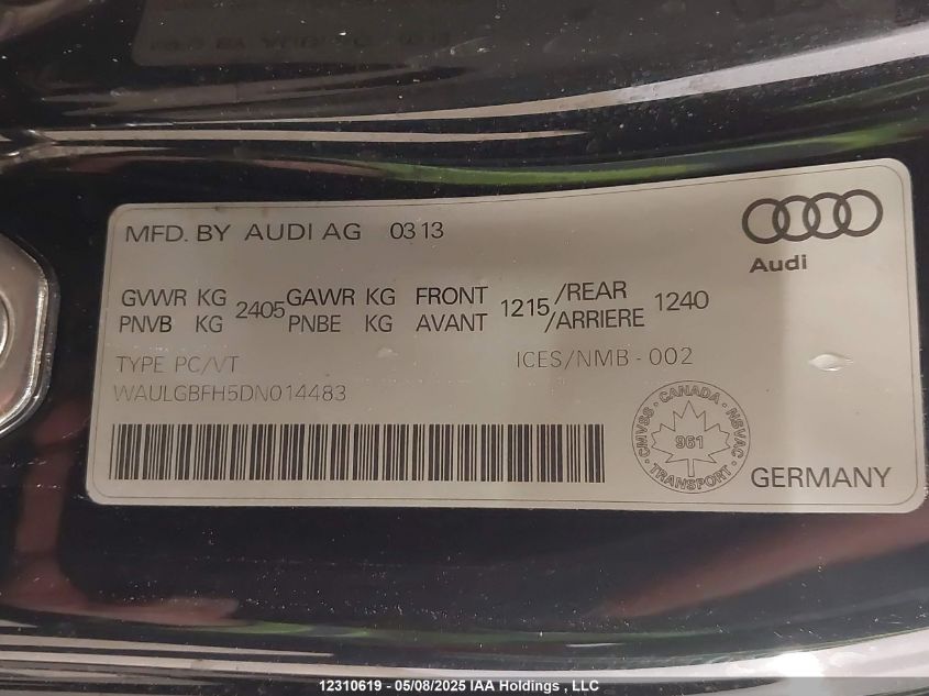 2013 Audi S5 Premium VIN: WAULGBFH5DN014483 Lot: 12310619