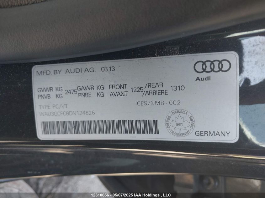 2013 Audi A7 VIN: WAU3GCFC8DN124826 Lot: 12310656