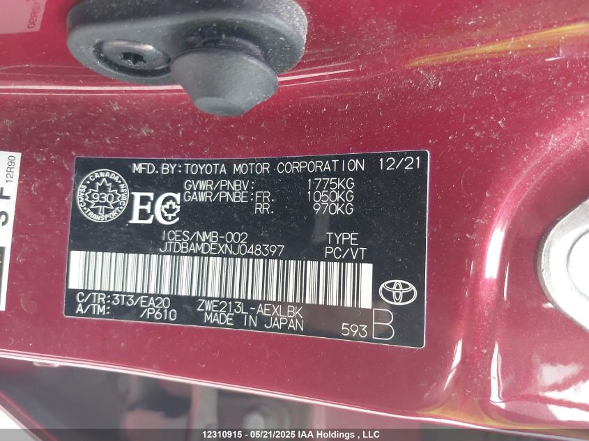 2022 Toyota Corolla Hybrid VIN: JTDBAMDEXNJ048397 Lot: 12310915