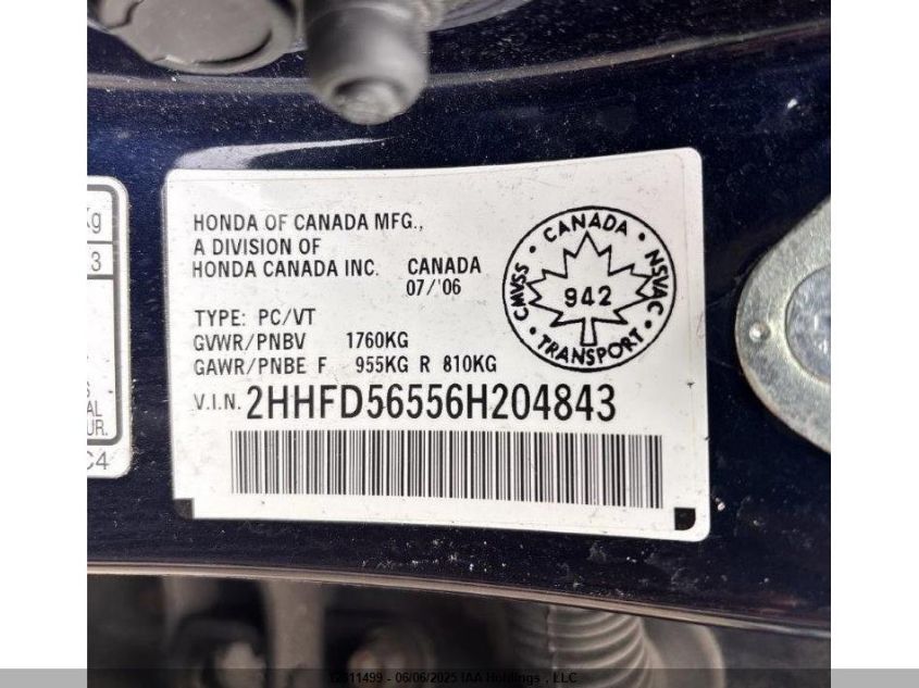 2006 Acura Csx VIN: 2HHFD56556H204843 Lot: 12311499