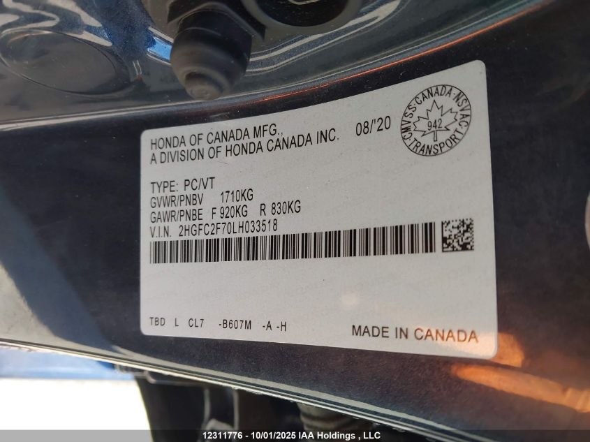 2020 Honda Civic Ex VIN: 2HGFC2F70LH033518 Lot: 12311776