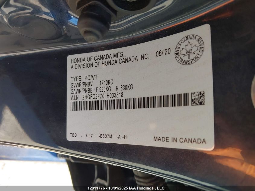 2020 Honda Civic Ex VIN: 2HGFC2F70LH033518 Lot: 12311776