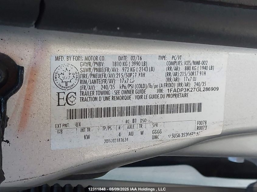 2016 Ford Focus Se VIN: 1FADP3K27GL286909 Lot: 12311848