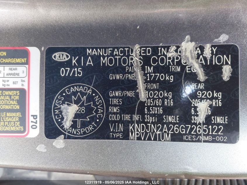 2016 Kia Soul VIN: KNDJN2A26G7265122 Lot: 12311919