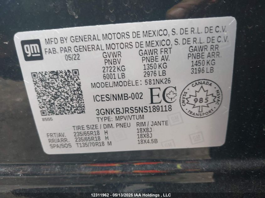 2022 Chevrolet Blazer VIN: 3GNKBJRS5NS189118 Lot: 12311962