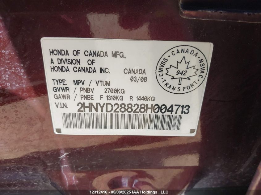 2008 Acura Mdx Sport VIN: 2HNYD28828H004713 Lot: 12312416