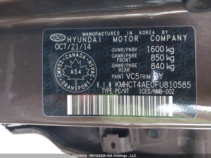 2015 Hyundai Accent Se VIN: KMHCT4AE0FU810585 Lot: 12312534