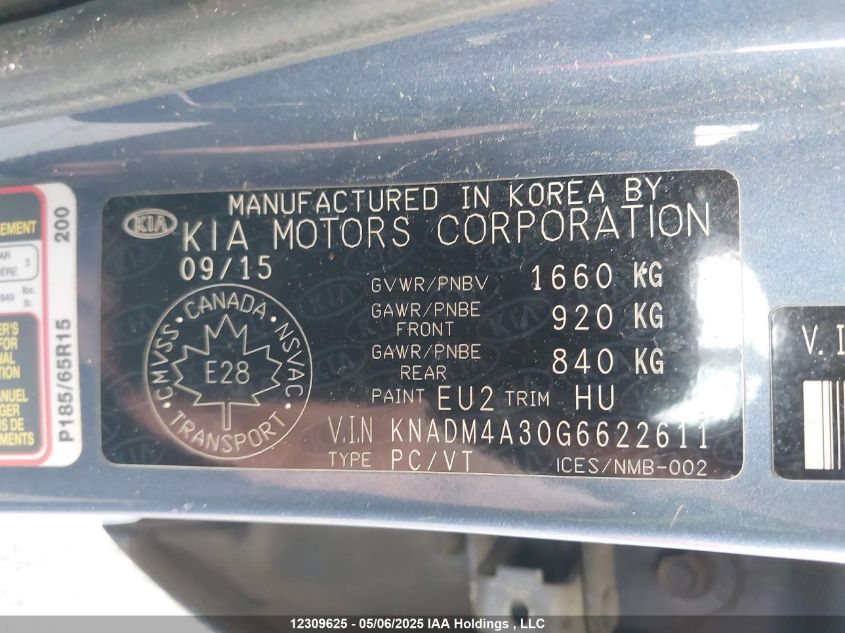 2016 Kia Rio Ex/Ex+ W/Sunroof/Lx/Lx+/Lx+ Eco/Sx VIN: KNADM4A30G6622611 Lot: 12309625X