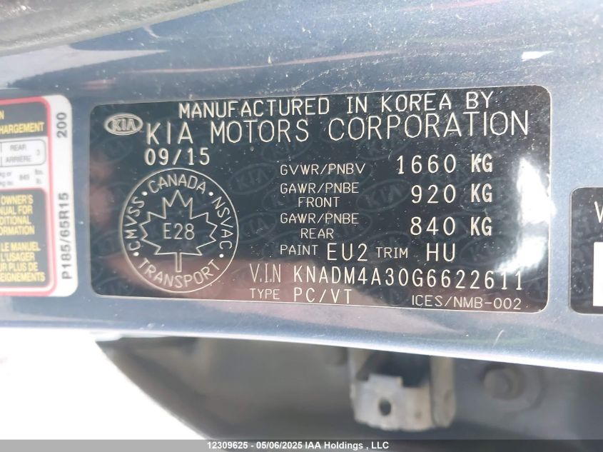 2016 Kia Rio Ex/Ex+ W/Sunroof/Lx/Lx+/Lx+ Eco/Sx VIN: KNADM4A30G6622611 Lot: 12309625X