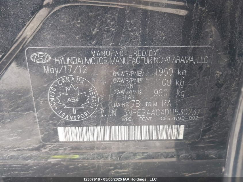 2013 Hyundai Sonata Gls VIN: 5NPEB4AC4DH530237 Lot: 12307618X