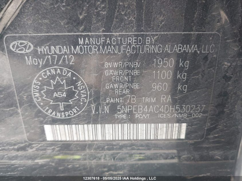 2013 Hyundai Sonata Gls VIN: 5NPEB4AC4DH530237 Lot: 12307618X