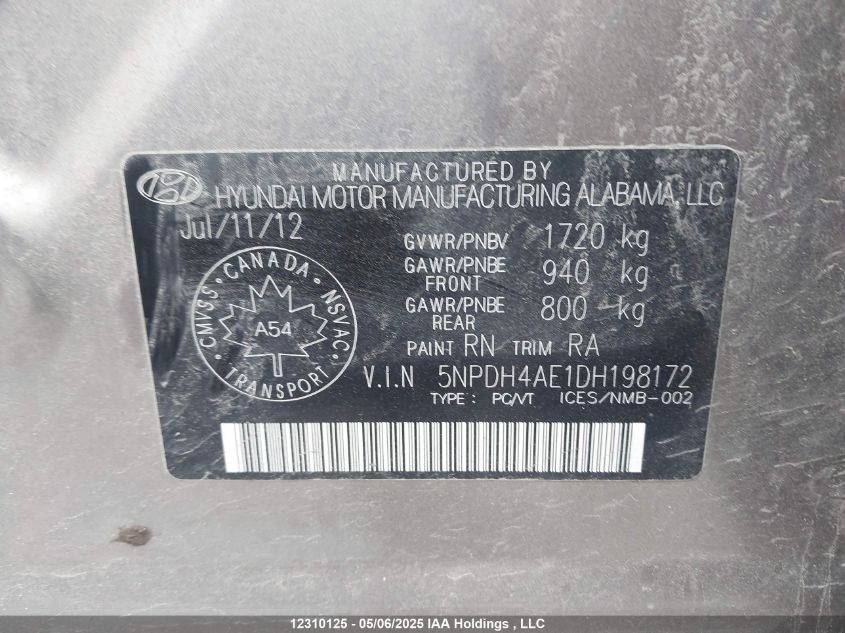 2013 Hyundai Elantra L VIN: 5NPDH4AE1DH198172 Lot: 12310125X