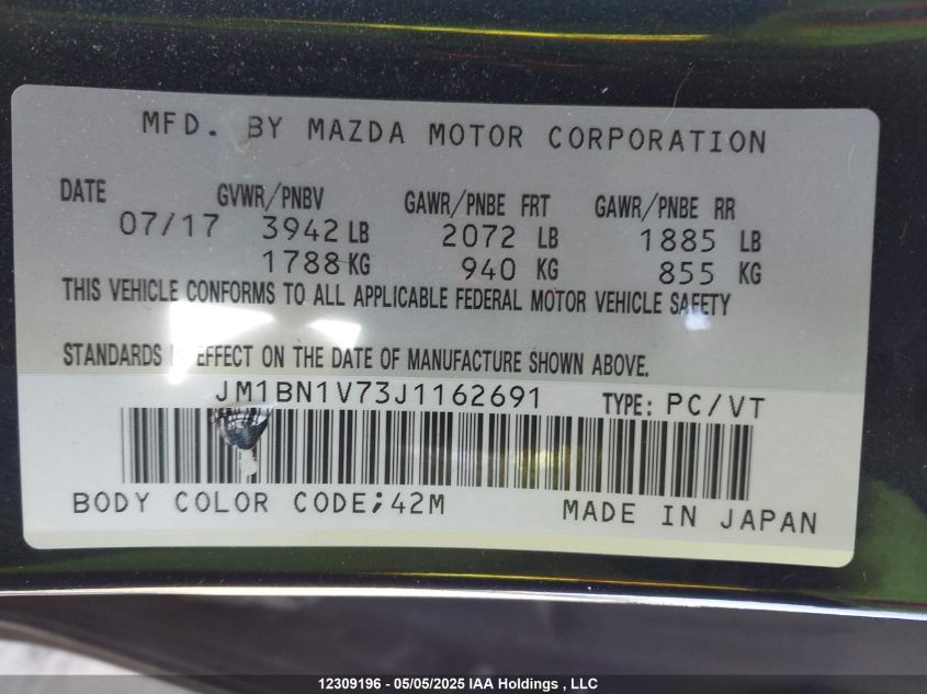2018 Mazda Mazda3 50Th Anniversary Edition/Gs/Se VIN: JM1BN1V73J1162691 Lot: 12309196X