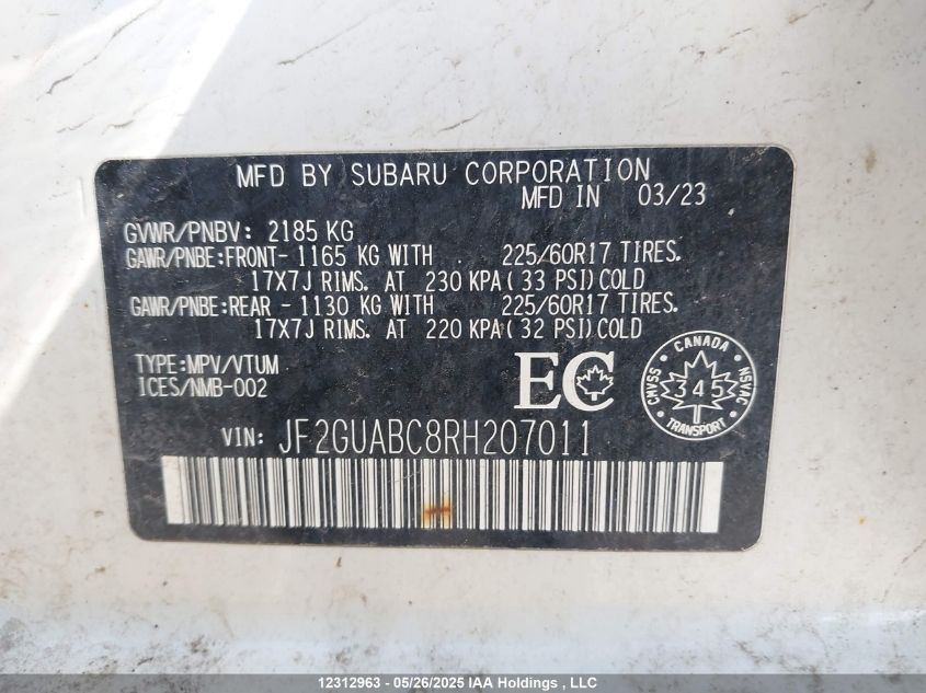 2024 Subaru Crosstrek VIN: JF2GUABC8RH207011 Lot: 12312963
