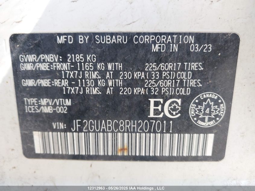 2024 Subaru Crosstrek VIN: JF2GUABC8RH207011 Lot: 12312963