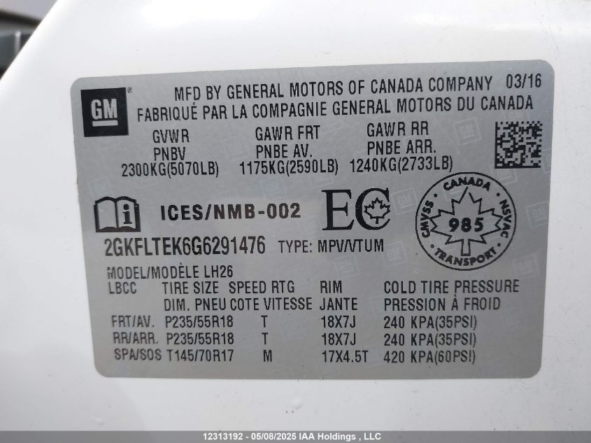 2016 GMC Terrain Sle VIN: 2GKFLTEK6G6291476 Lot: 12313192