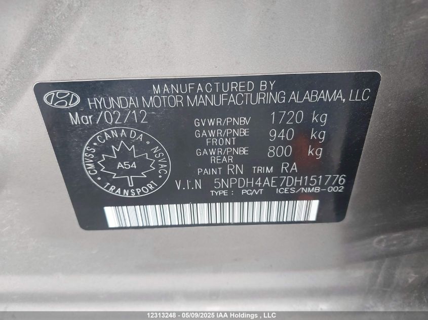 2013 Hyundai Elantra Gl VIN: 5NPDH4AE7DH151776 Lot: 12313248