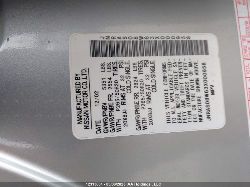 2003 Infiniti Fx35 VIN: JNRAS08W63X000958 Lot: 12313831