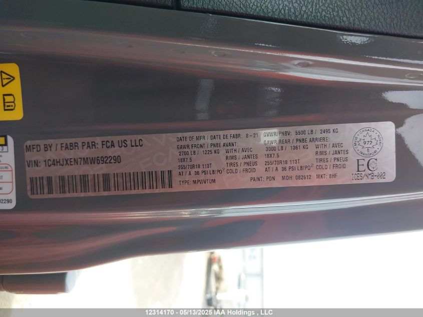 2021 Jeep Wrangler Unlimited Sahara VIN: 1C4HJXEN7MW692290 Lot: 12314170