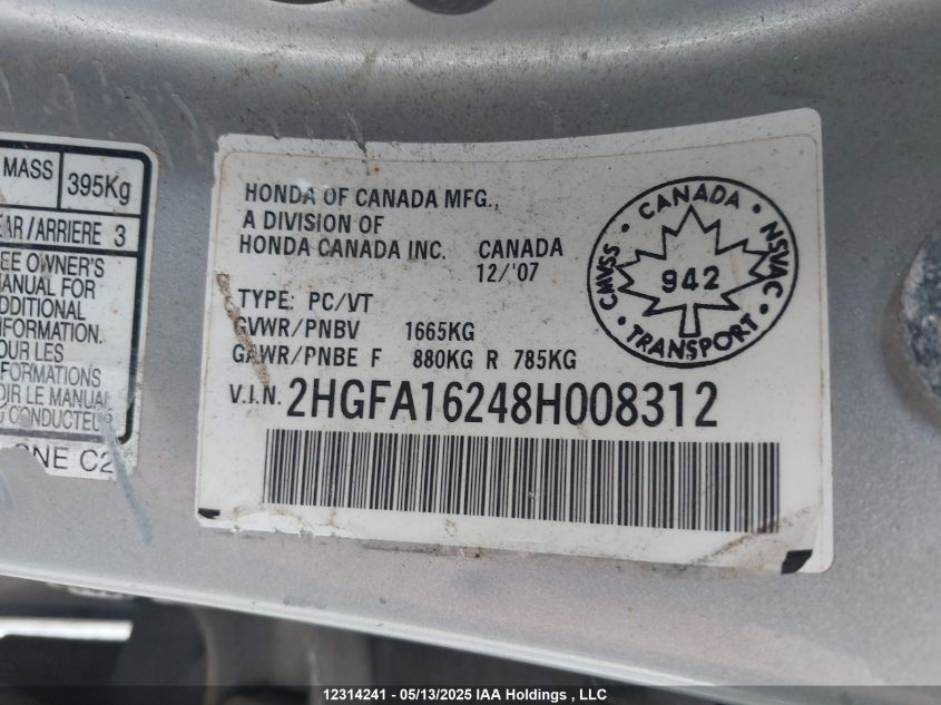 2008 Honda Civic Dx/Dx-A VIN: 2HGFA16248H008312 Lot: 12314241