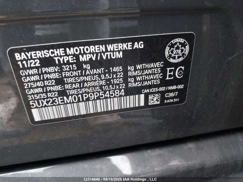 2023 BMW X7 xDrive40I VIN: 5UX23EM01P9P54584 Lot: 12314640