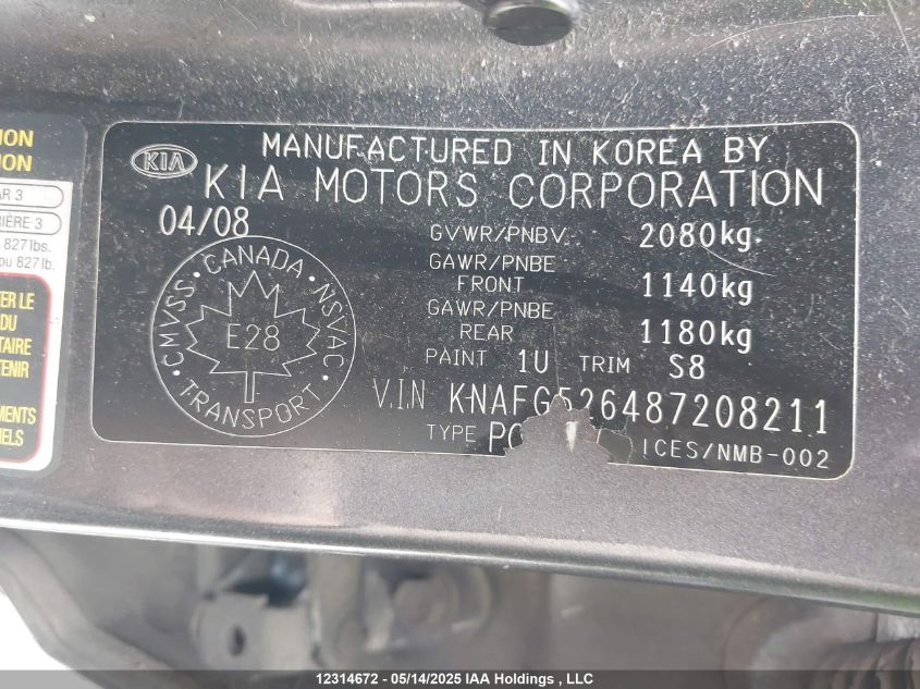 2008 Kia Rondo VIN: KNAFG526487208211 Lot: 12314672