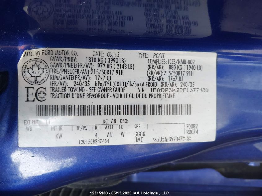 2015 Ford Focus Se VIN: 1FADP3K20FL377180 Lot: 12315180