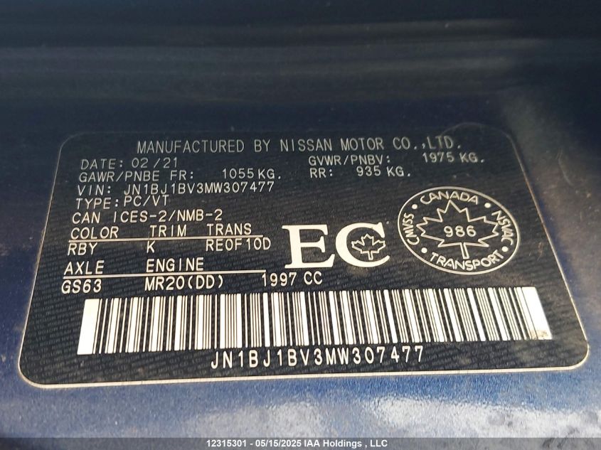 2021 Nissan Qashqai S/Sv VIN: JN1BJ1BV3MW307477 Lot: 12315301