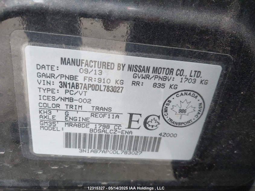 2013 Nissan Sentra S/Sv/Sr/Sl VIN: 3N1AB7AP0DL783027 Lot: 12315327