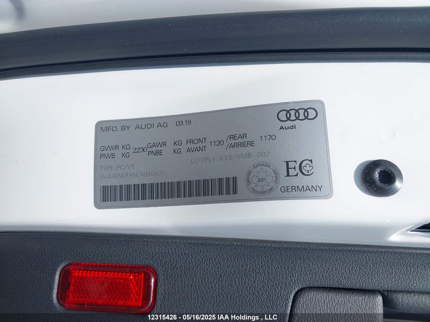 2019 Audi A5 Sportback VIN: WAUANCF55KA040577 Lot: 12315426