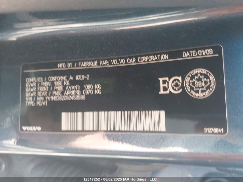 2009 Volvo S40 2.4I VIN: YV1MS382092459589 Lot: 12317252