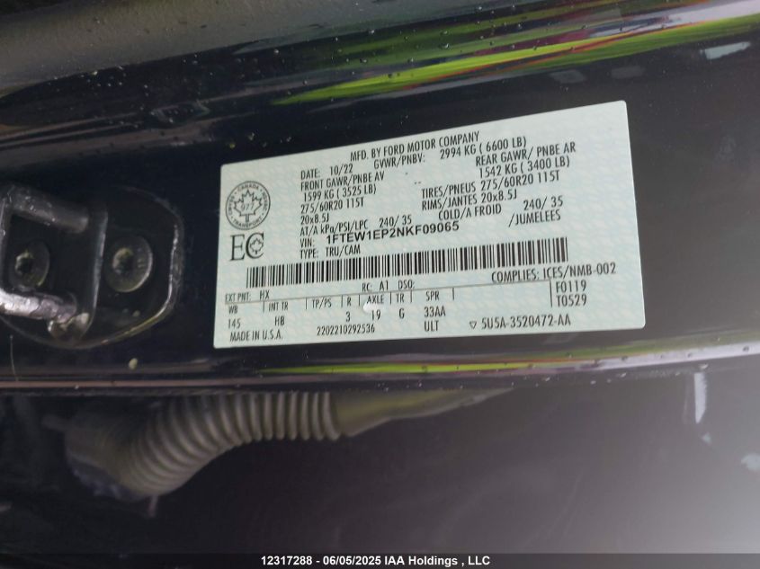 2022 Ford F-150 Lariat VIN: 1FTEW1EP2NKF09065 Lot: 12317288