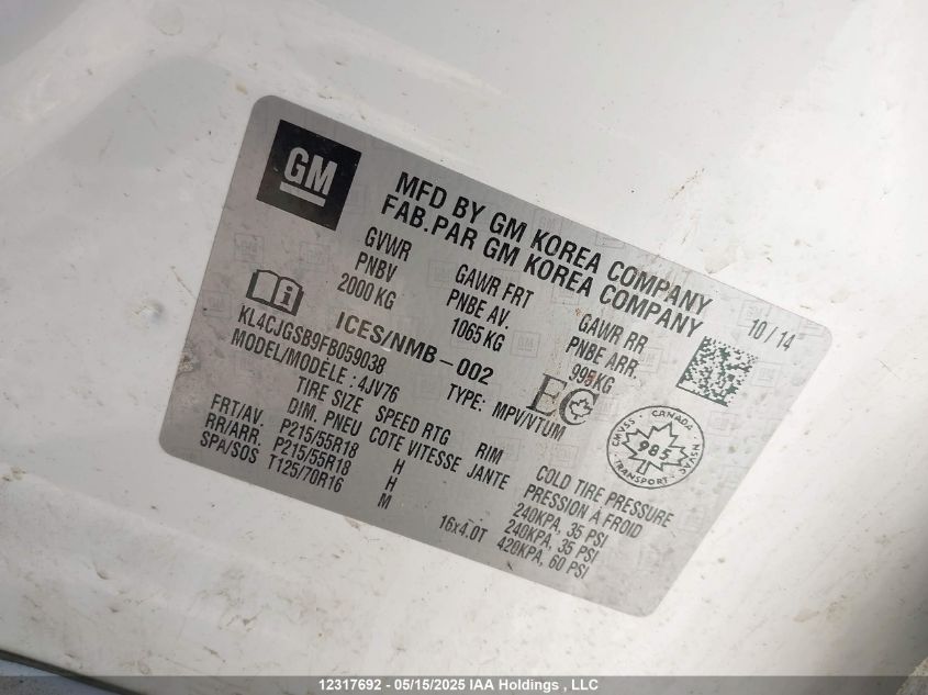 2015 Buick Encore VIN: KL4CJGSB9FB059038 Lot: 12317692