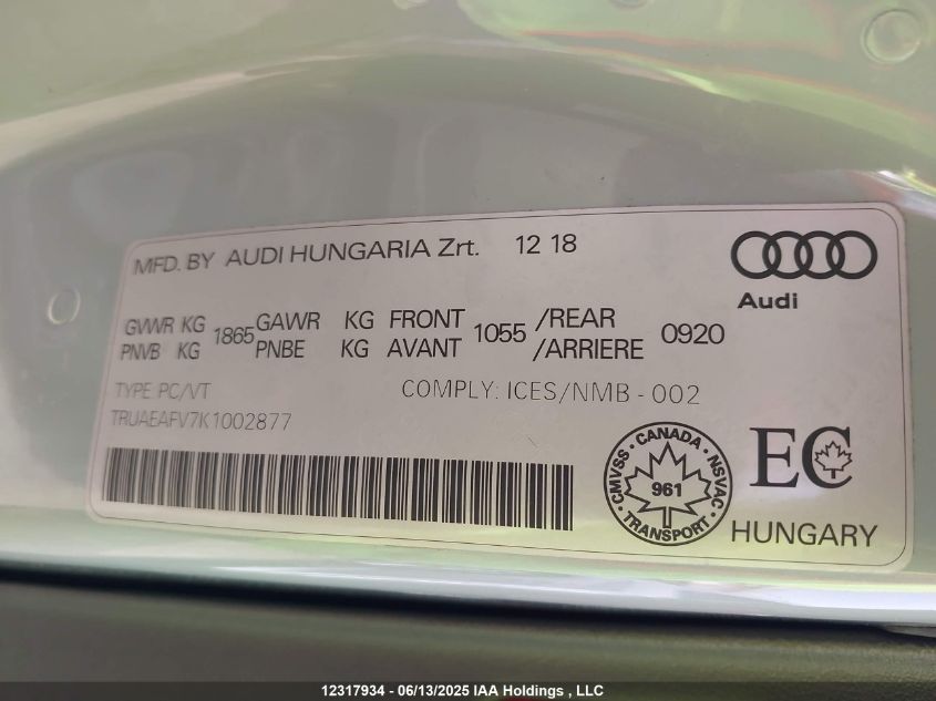 2019 Audi Tt VIN: TRUAEAFV7K1002877 Lot: 12317934