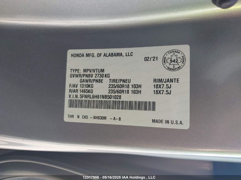 2022 Honda Odyssey Exl VIN: 5FNRL6H61NB501028 Lot: 12317956