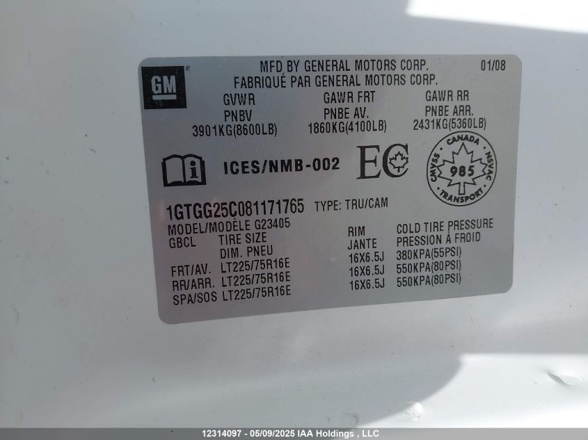 2008 GMC Savana Standard VIN: 1GTGG25C081171765 Lot: 12314097X