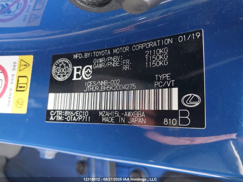 2019 Lexus Ux 250H VIN: JTHU9JBH5K2004275 Lot: 12318012