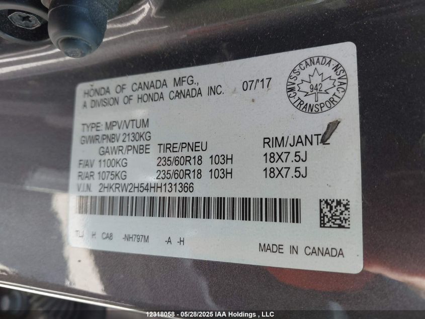 2017 Honda Cr-V Ex VIN: 2HKRW2H54HH131366 Lot: 12318058