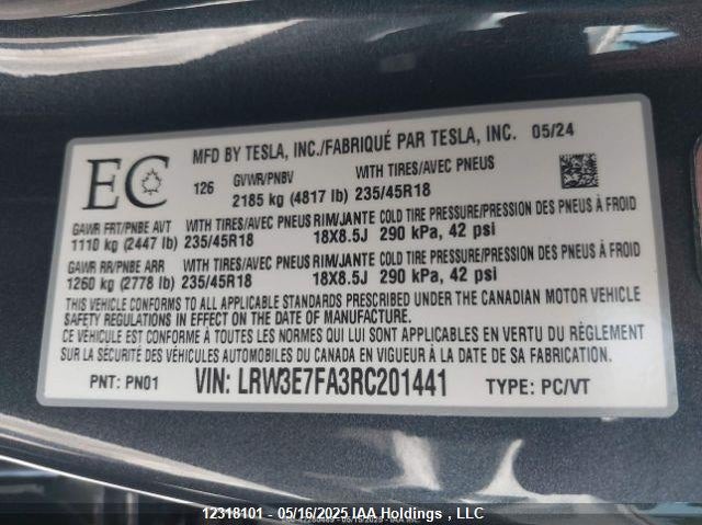 LRW3E7FA3RC201441 2024 TESLA MODEL 3 photo no. 10