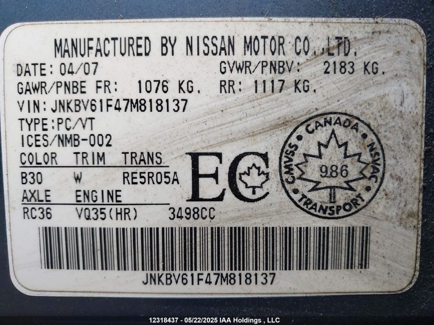 2007 Infiniti G35X VIN: JNKBV61F47M818137 Lot: 12318437