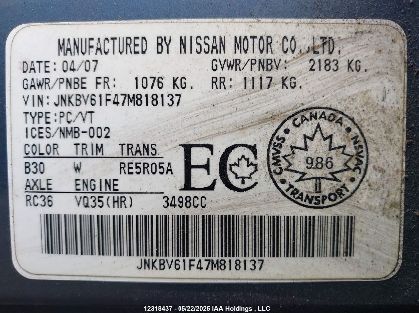 2007 Infiniti G35X VIN: JNKBV61F47M818137 Lot: 12318437