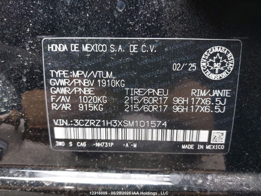 2025 Honda Hr-V VIN: 3CZRZ1H3XSM101574 Lot: 12318889