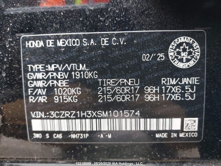 2025 Honda Hr-V VIN: 3CZRZ1H3XSM101574 Lot: 12318889