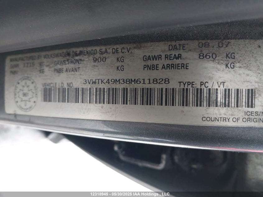 2008 Volkswagen City Jetta VIN: 3VWTK49M38M611828 Lot: 12318945