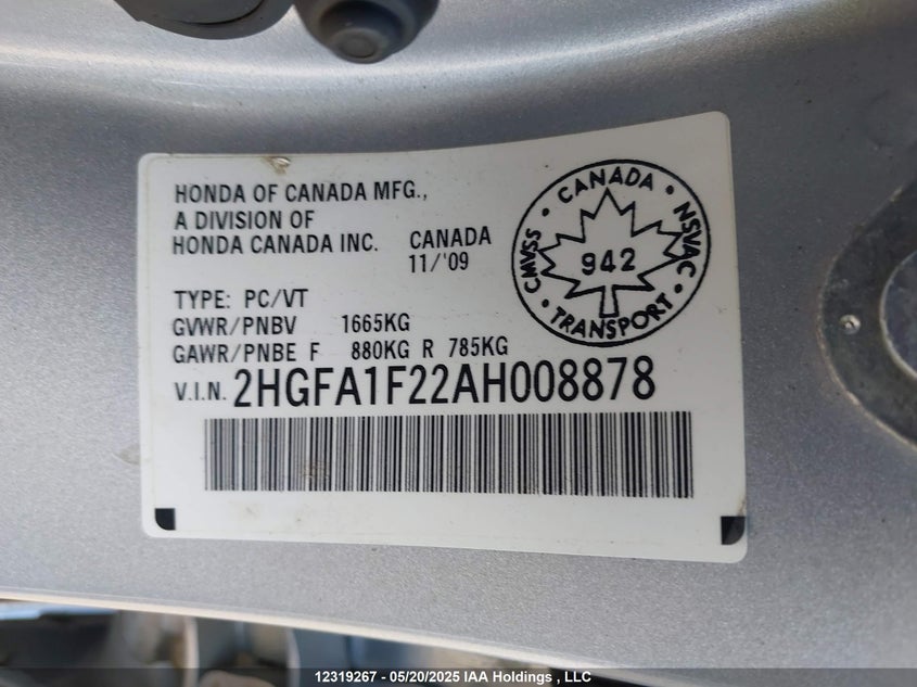 2010 Honda Civic Dx/Dx-A VIN: 2HGFA1F22AH008878 Lot: 12319267