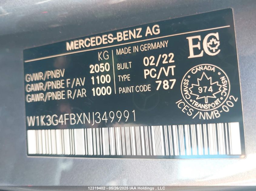 2022 Mercedes-Benz A 220 4Matic VIN: W1K3G4FBXNJ349991 Lot: 12319402