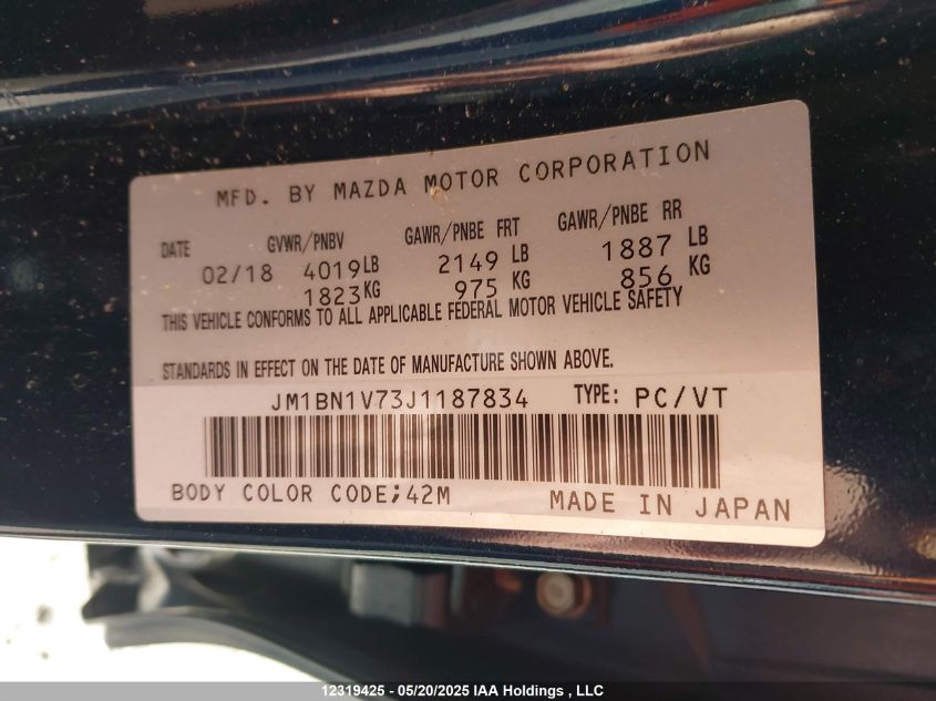 2018 Mazda Mazda3 VIN: JM1BN1V73J1187834 Lot: 12319425