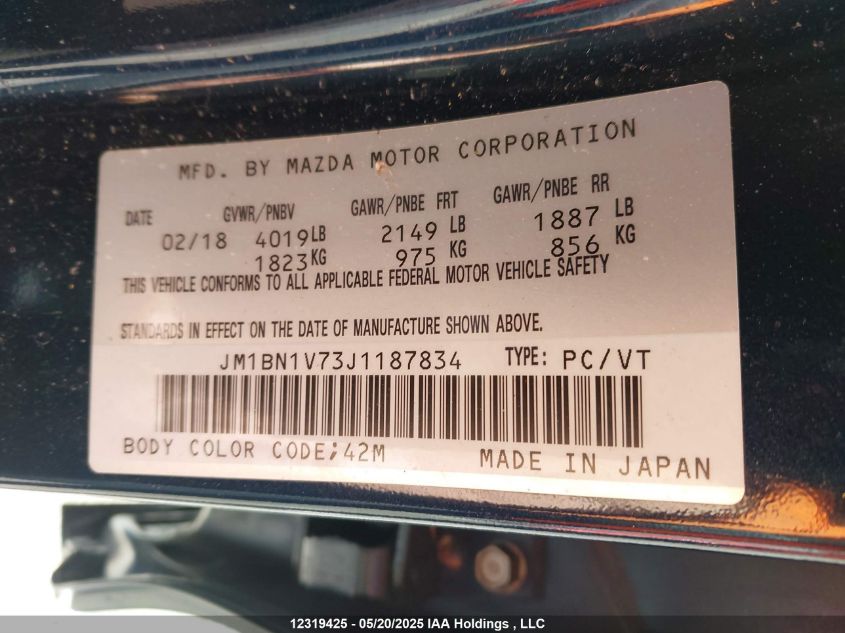 2018 Mazda Mazda3 VIN: JM1BN1V73J1187834 Lot: 12319425