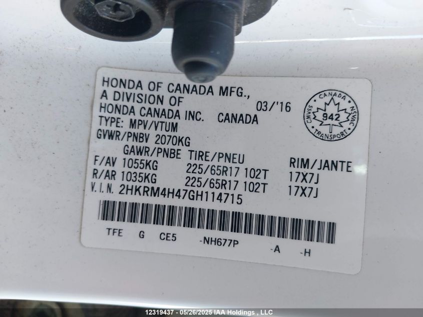 2016 Honda Cr-V Se VIN: 2HKRM4H47GH114715 Lot: 12319437