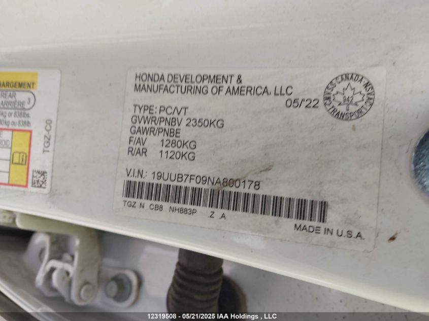 2022 Acura Tlx VIN: 19UUB7F09NA800178 Lot: 12319508